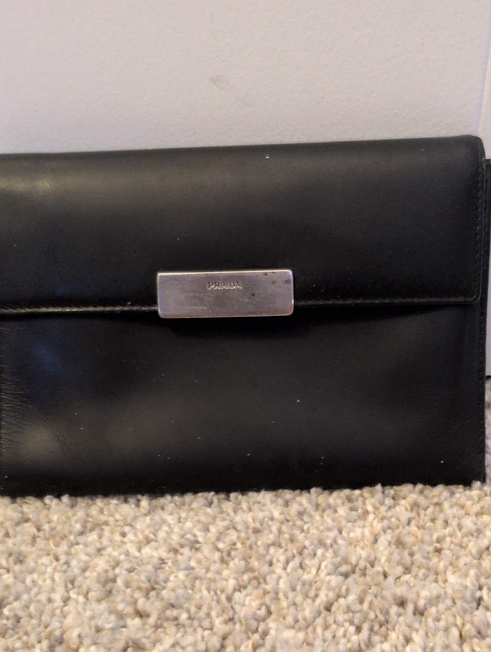 Vintage Prada Black Leather Wallet with Silver Logo Plate